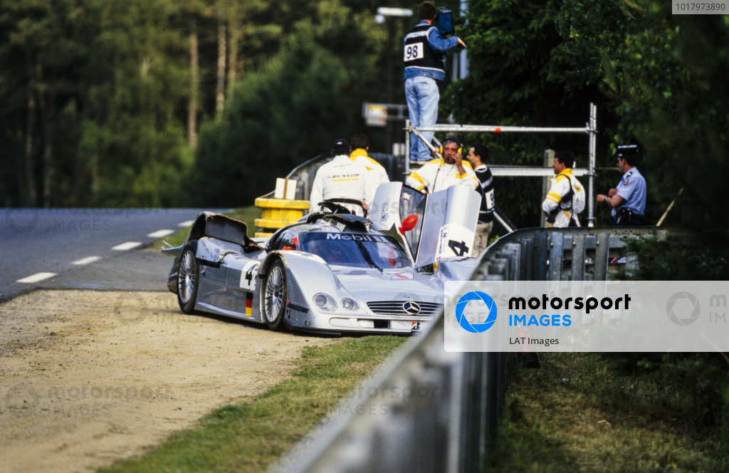 The remains of the Mercedes-Benz CLR driven by Mark Webber, Jean-Marc Gounon and Marcel Tiemann following the flip that put it out of the race. The remains of the Mercedes-Benz CLR driven by Mark Webber, Jean-Marc Gounon and Marcel Tiemann following the flip that put it out of the race.